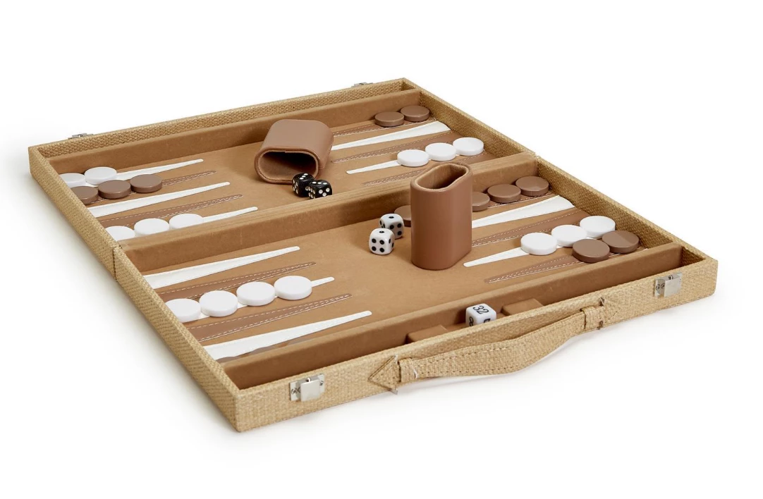 Two's Company GAMES & GADGETS FAUX LEATHER BACKGAMMON SET | NATURAL CANE