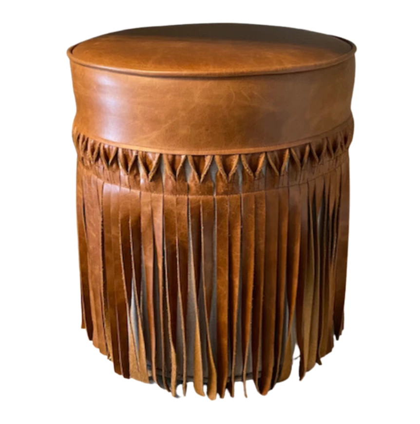 V Rugs & Home FRINGE LEATHER POUF | CARAMEL